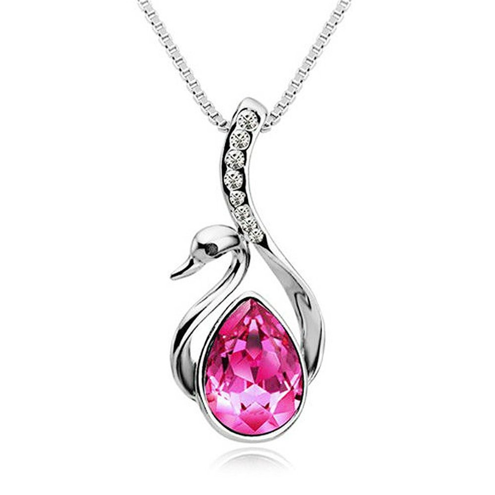 Pink Swan Pendant Necklace w/ Crystal
